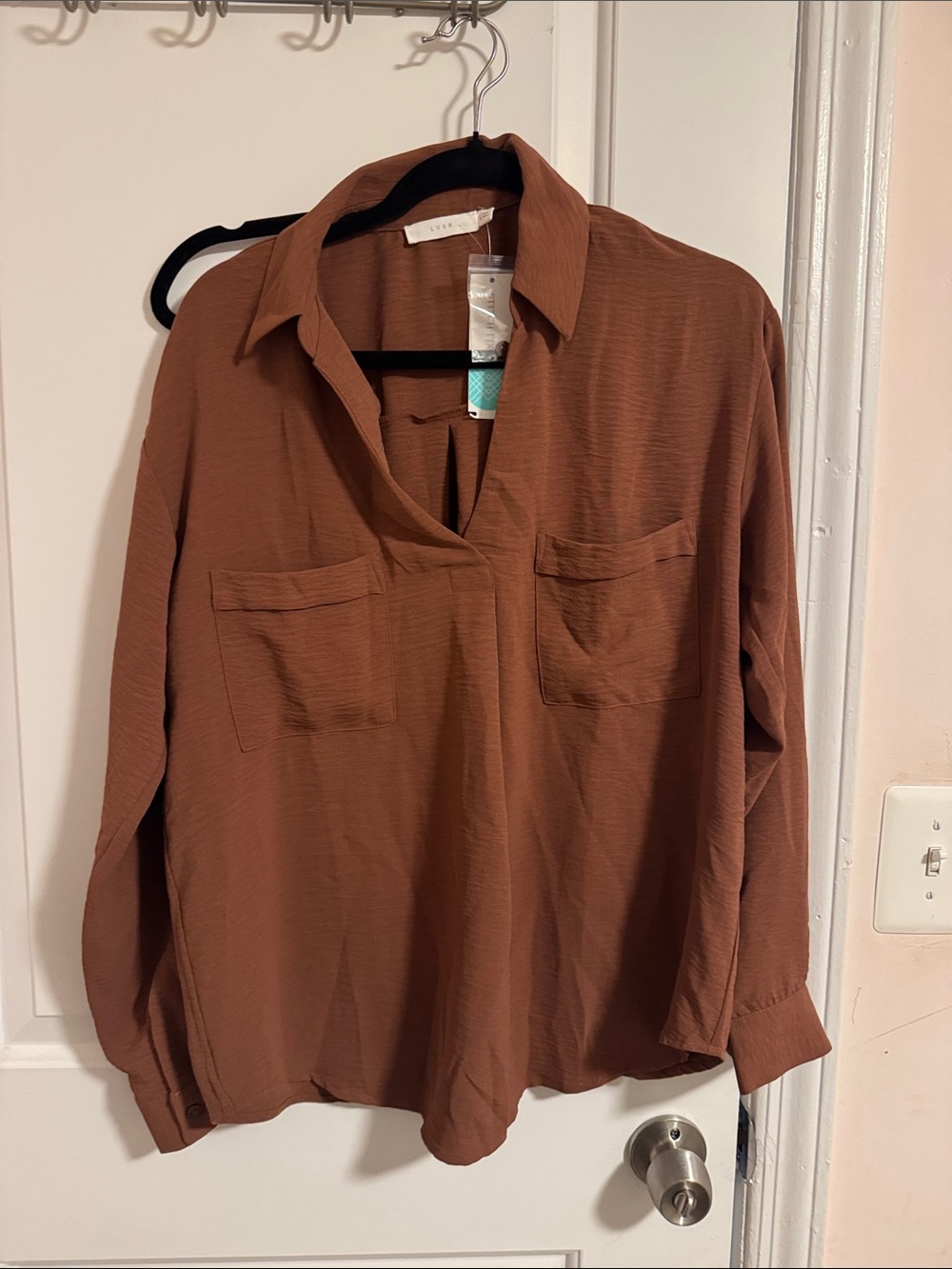 Lush Rust Brown Button-Front Collared Pocket Shirt